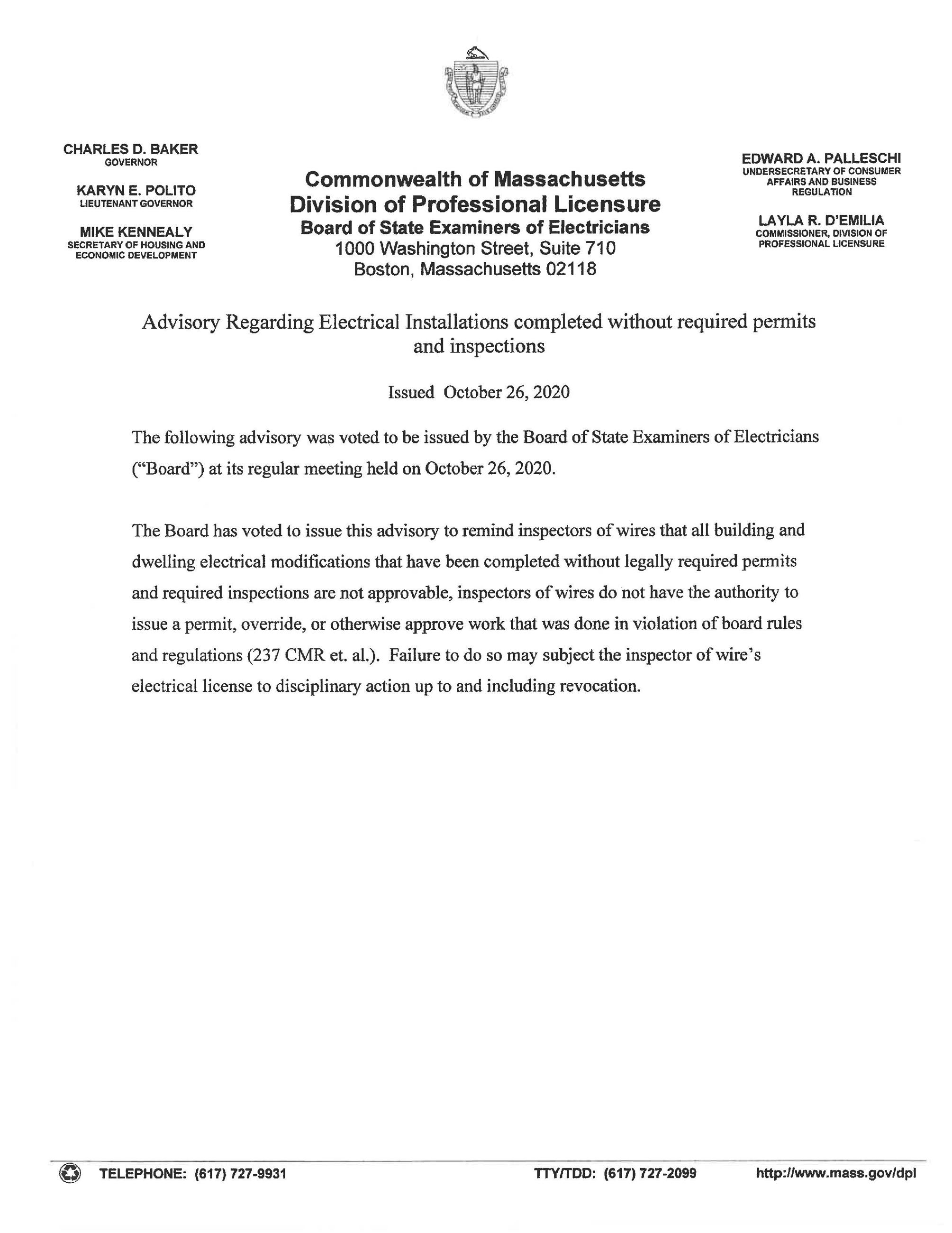 Electric advisory - unpermitted work